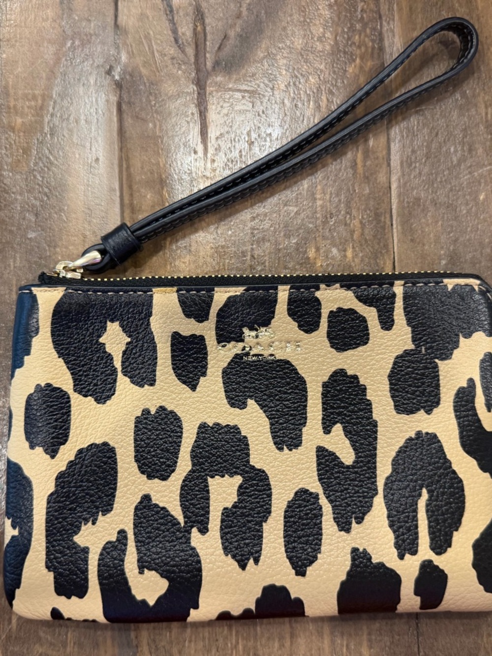 Coach Leopard Print Wristlet in Black and Tan